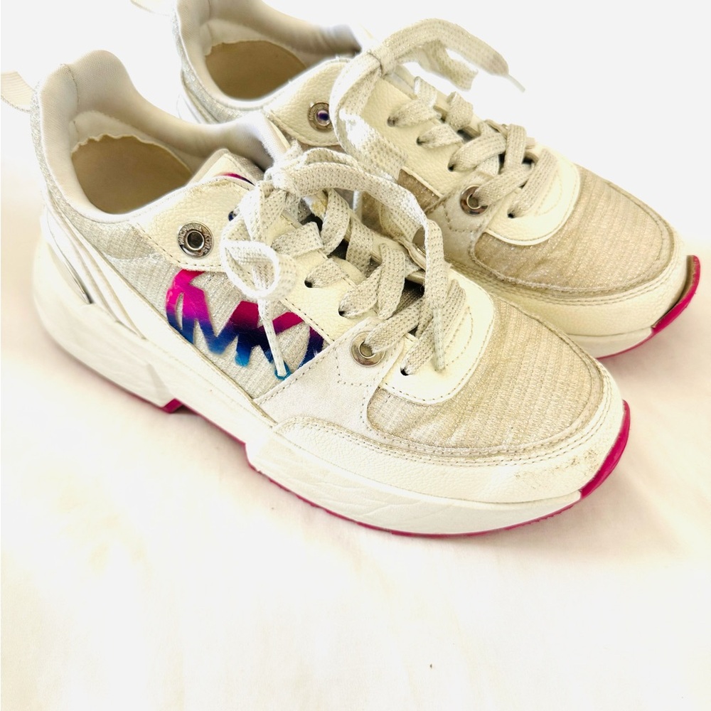 Michael Kors White & Silver Mesh Sneakers with Pink and Blue Accents EUC Size 3